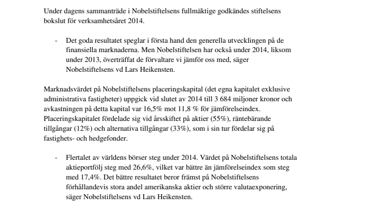 Favourable financial earnings for the Nobel Foundation again 