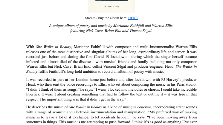 Marianne Faithfull & Warren Ellis "She Walks in Beauty" - engelsk pressrelease