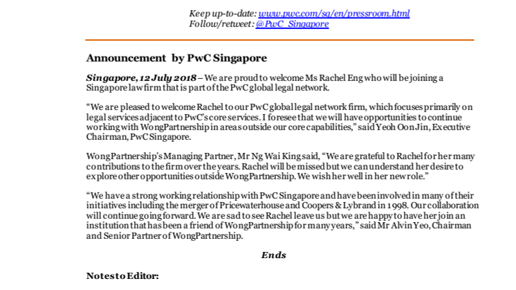 ​Announcement by PwC Singapore