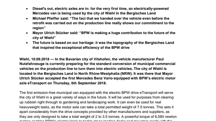 Wiehl is set to become the first city in Germany to put a van with an electrically converted motor axle supplied by BPW into operation