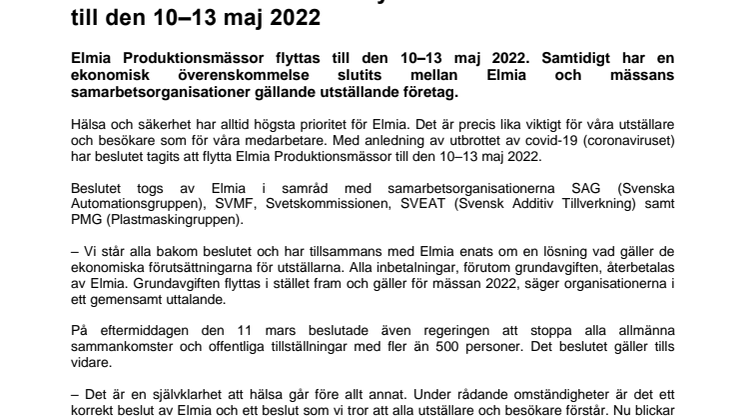 Elmia Produktionsmässor flyttas till den 10–13 maj 2022