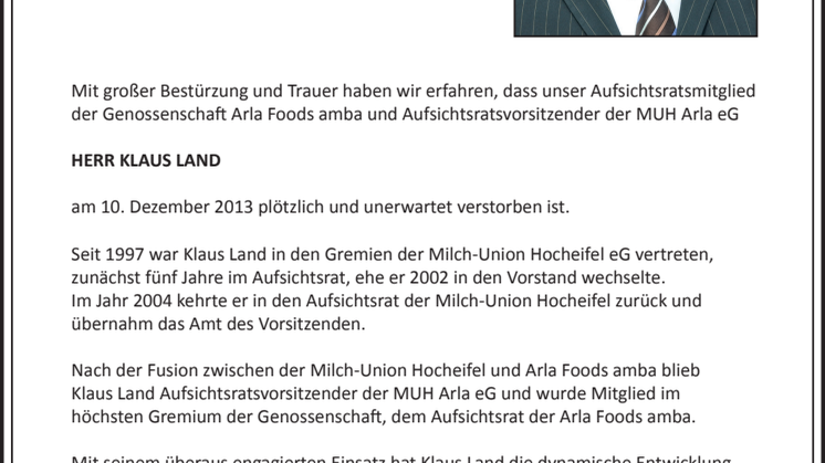 Nachruf: Arla Foods trauert um Aufsichtsratsmitglied Klaus Land