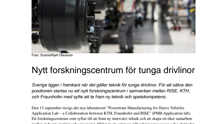 Nytt forskningscentrum för tunga drivlinor