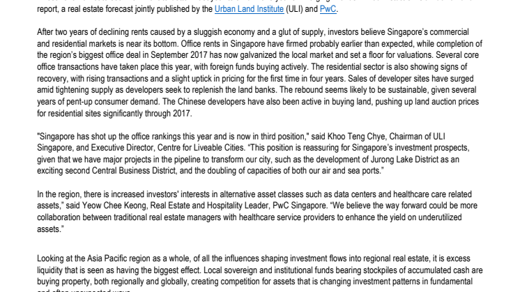 Singapore named as one of the top real estate investment markets in the region according to Emerging Trends in Real Estate® Asia Pacific 2018