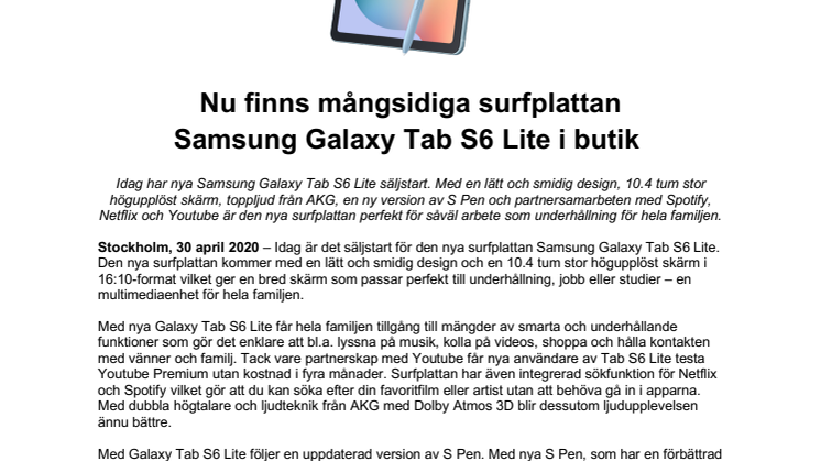 Nu finns mångsidiga surfplattan Samsung Galaxy Tab S6 Lite i butik 