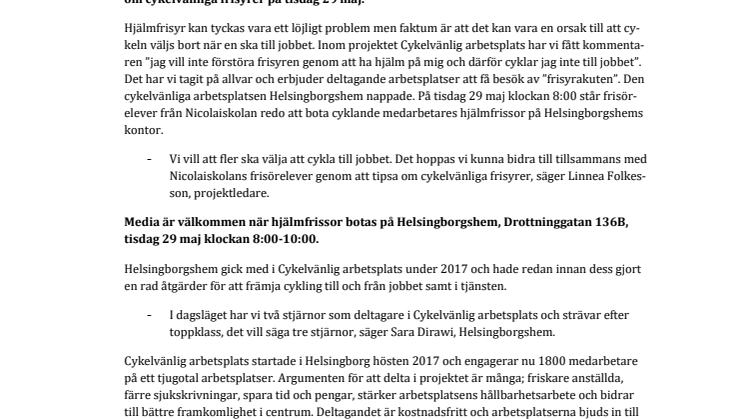 Pressinbjudan: Hjälmfrissor botas på cykelvänlig arbetsplats
