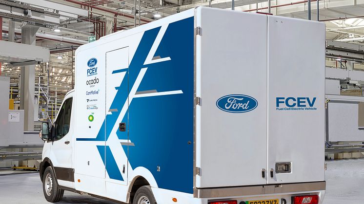 Hydrogen fuel cell Ford E-Transit rear at Dagenham