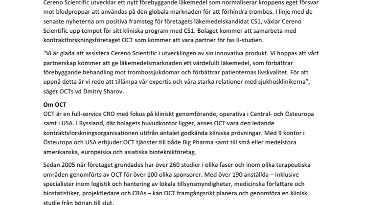 Cereno Scientific inleder samarbete med CRO-partnern OCT för genomförande av fas II studie 