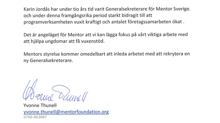 Mentor Sveriges generalsekreterare Karin Jordås avgår