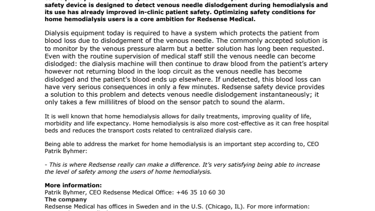 Redsense Medical receives FDA Clearance for the Redsense safety device for Home/Self use during home hemodialysis