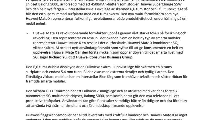 Huawei lanserar Huawei Mate X  – världens snabbaste vikbara 5G mobiltelefon 