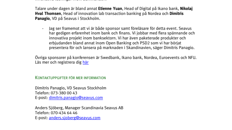 Seavus huvudsponsor av Nordic Finance Forum