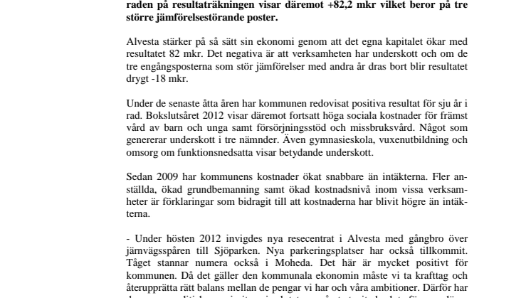 Kommentarer till preliminärt bokslut 2012