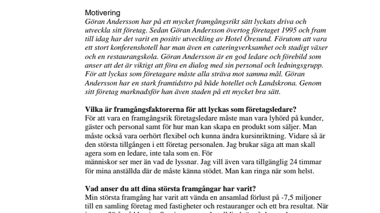 ÅRETS FÖRETAGARE 2010 – Göran Andersson på Hotel Öresund