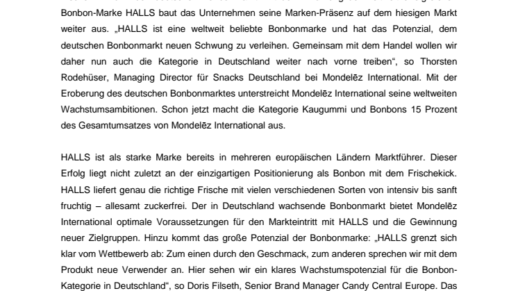 Mondelēz International bringt Bonbon-Weltmarke HALLS nach Deutschland