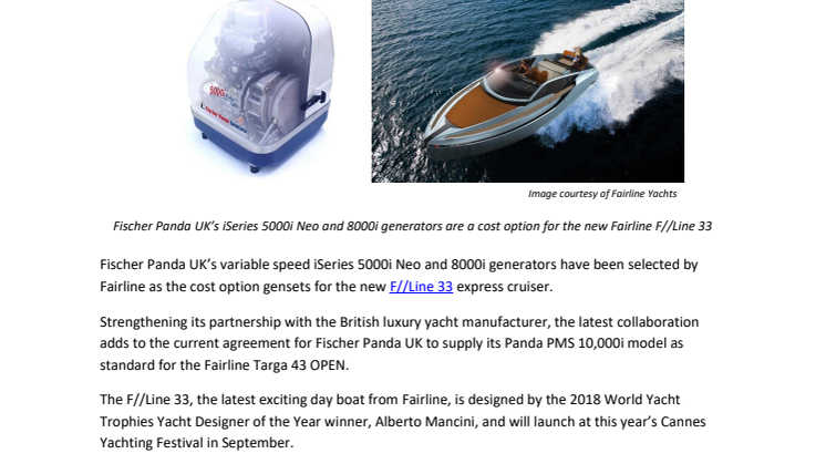Fischer Panda UK Generators Selected for New Fairline F//Line 33 Express Cruiser
