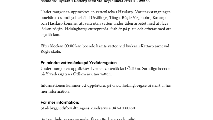 Stor vattenläcka i norra delarna av Helsingborgs kommun