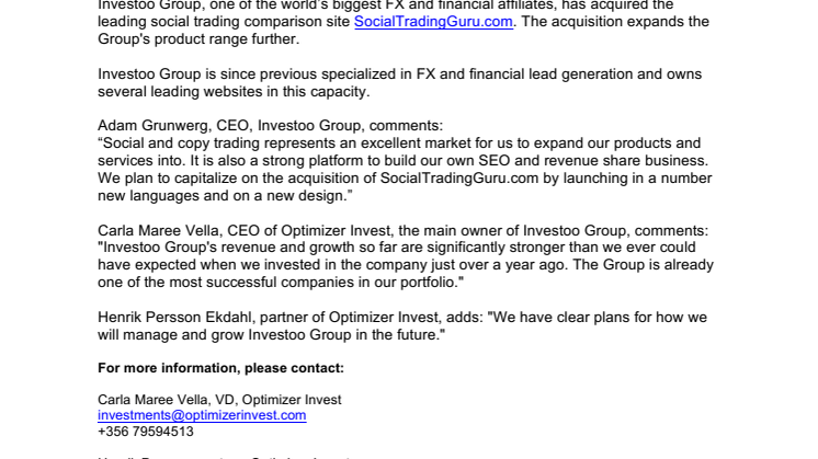 Optimizer's Investoo Group enters a new segment through acquisition