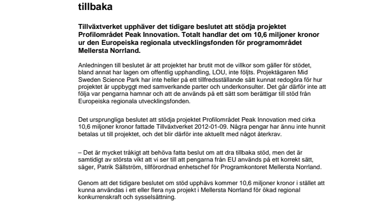 EU-stöd till Profilområdet Peak Innovation dras tillbaka