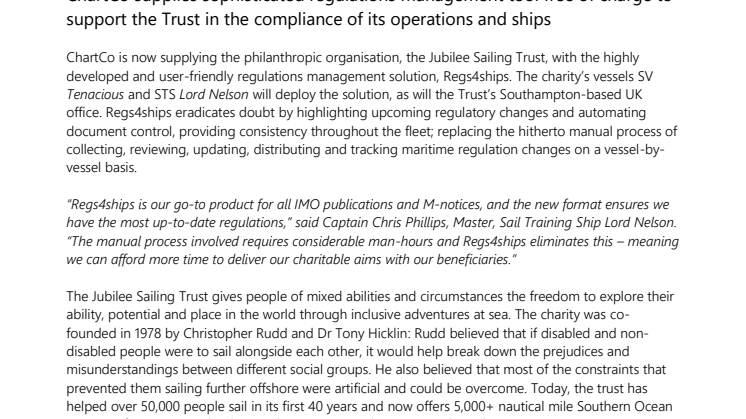 Jubilee Sailing Trust recommends ChartCo’s Regs4ships solution 