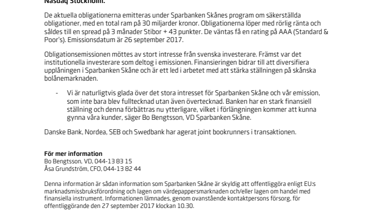 Sparbanken Skåne emitterar säkerställda obligationer om 3 miljarder kronor