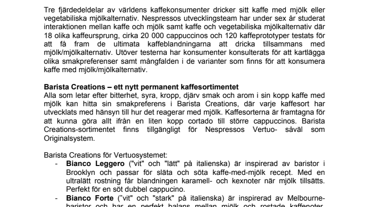 NYHET: Barista Creations - Nespresso lanserar kaffe perfekt utformat för mjölk och vegetabiliska mjölkalternativ 