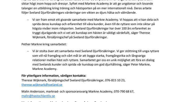Sveland Djurförsäkringar sluter avtal med Markne Academy