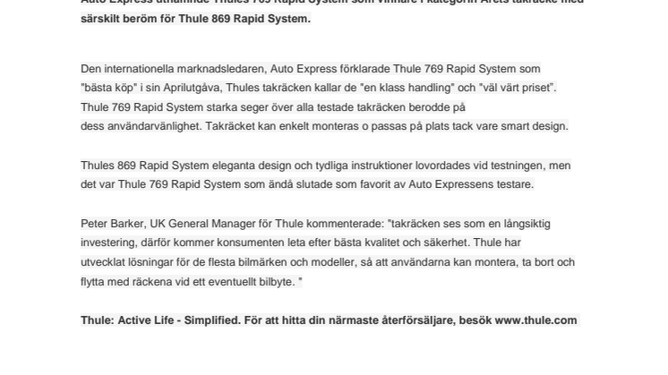 Thule 769 Rapid System utnämns till årets takräcken av brittiska Auto Express
