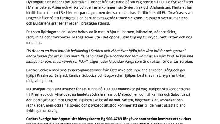 Caritas vädjar om hjälp till flyktingarna i Serbien