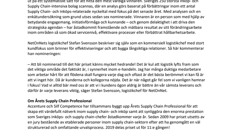 NetOnNets logistikchef nominerad till Årets Supply Chain Professional 2019