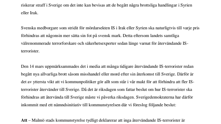 Återvändande IS-terrorister är inte välkomna i Malmö