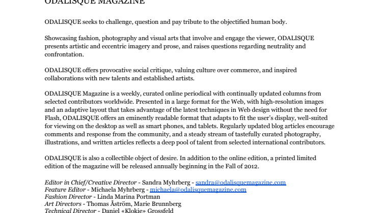 ODALISQUE Magazine launches today, a cutting-edge online magazine covering international fashion, arts, and culture