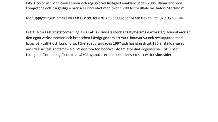 Erik Olsson Fastighetsförmedling förstärker organisationen när Bahar Nabavi tillträder som regionchef i Stockholm den 30 mars 2015. 