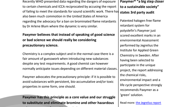 Paxymer Newsletter 2 2013: There is sense in Precaution