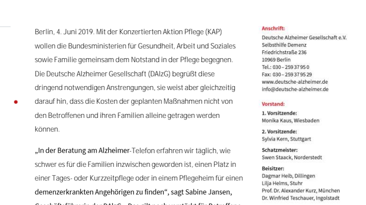 Konzertierte Aktion Pflege:  Deutsche Alzheimer Gesellschaft begrüßt Verbesserungen, warnt aber vor Mehrbelastungen der Familien