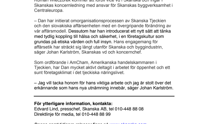 Ny verkställande direktör i Skanska Tjeckien och Slovakien