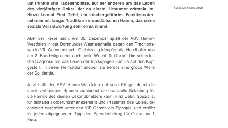 First Debit hilft: Handballer des ASV Hamm-Westfalen spielen volle Wucht für Oskar
