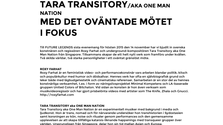 Future Legends 14 november på Palladium: Roxy Farhat & Tara Transitory Med det oväntade mötet i fokus