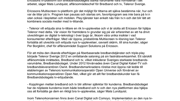 Telenor fortsätter tv-satsning, köper tv-plattform från Ericsson