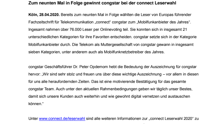 congstar ist Mobilfunkanbieter des Jahres 2020