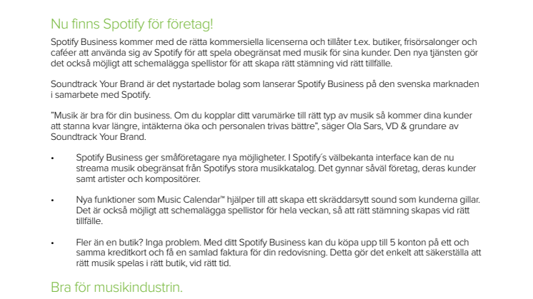 ​Soundtrack Your Brand lanserar Spotify Business