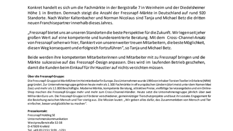 Fressnapf-Gruppe gewinnt neue Franchisepartner: Zwei neue Standorte in Weinheim und Bretten