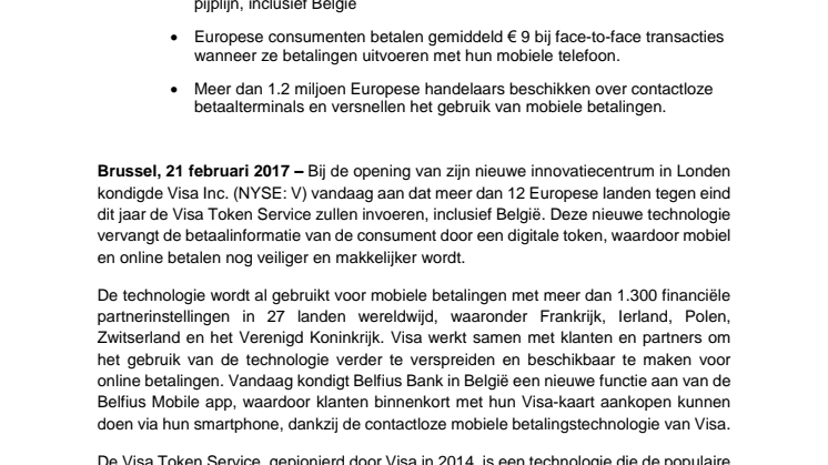 Visa Technologie breidt mobiel betalen tegen eind 2017 uit naar 12 Europese landen 