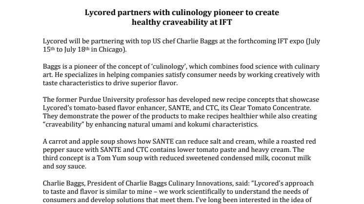 PRESS RELEASE: Lycored partners with culinology pioneer to create healthy craveability at IFT