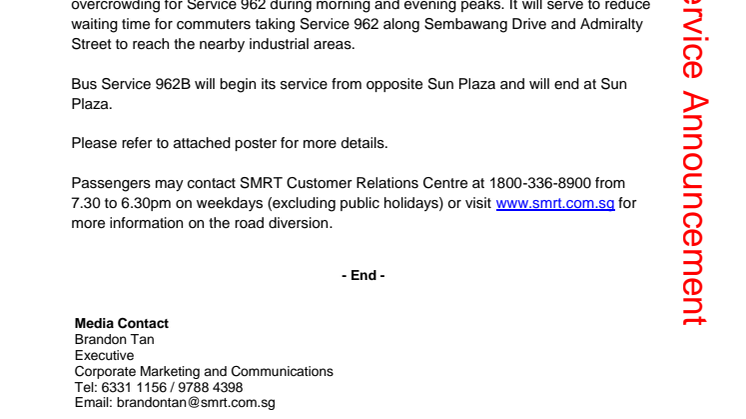 New Short Trip Bus Service 962B from 26 August 2013