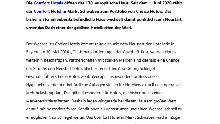Zuwachs für Choice Hotels in Bayern: neues Comfort Hotel in Markt Schwaben 