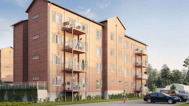 Brf Växthuset - 3D-bild av flerbostadshus och besöksparkering. 