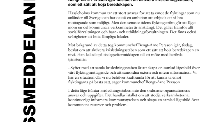 Hässleholms kommun höjer beredskapen för att hantera flyktingmottagandet