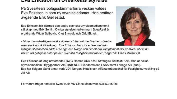 Eva Eriksson till SveaReals styrelse