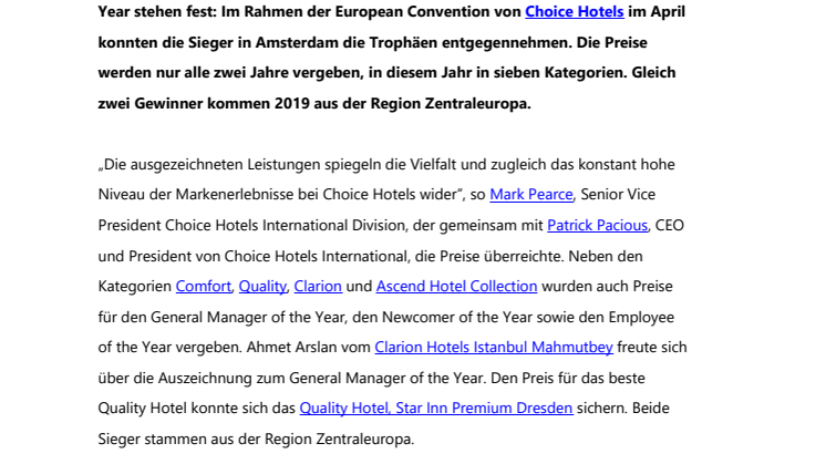 Hotel of the Year: Choice Hotels zeichnet die Besten Europas aus